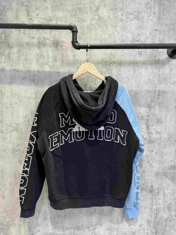 Mixed Emotion Color Block Overlay Embroidery Letter Distressed Washed Zip Up Hoodie 2 colors 29509515