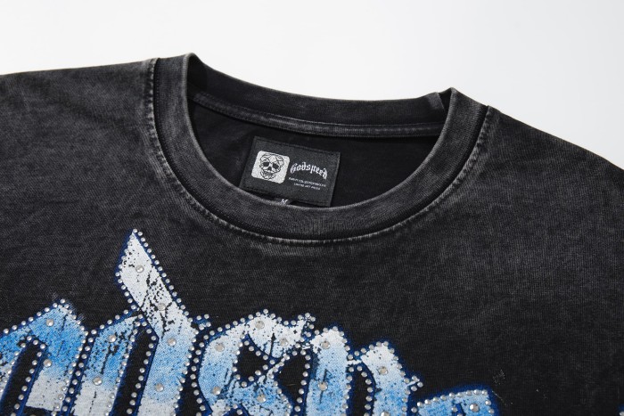 Godspeed Washed Distressed Skeleton Racer Toasting Fireworks Print Rhinestone Letter T-Shirt 29509321