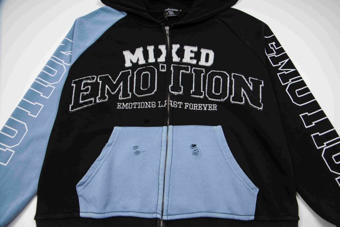 Mixed Emotion Color Block Overlay Embroidery Letter Distressed Washed Zip Up Hoodie 2 colors 29509515