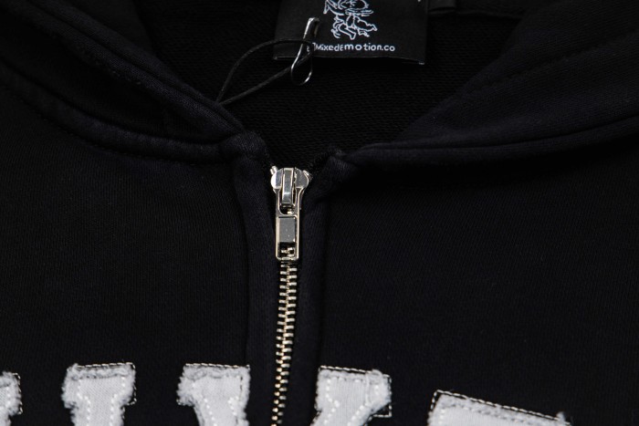 Mixed Emotion Color Block Overlay Embroidery Letter Distressed Washed Zip Up Hoodie 2 colors 29509515
