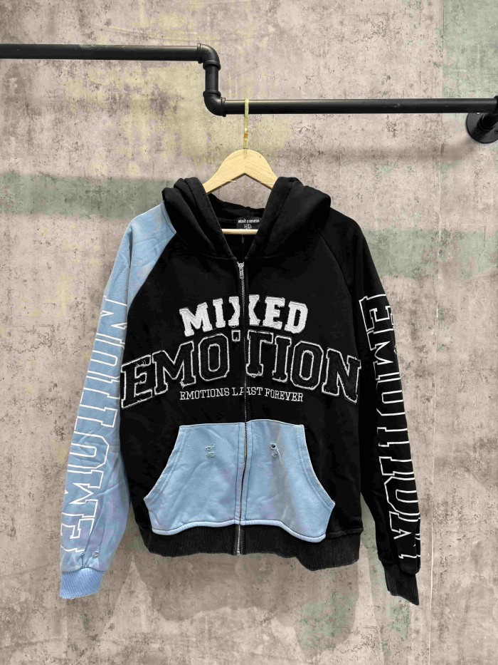 Mixed Emotion Color Block Overlay Embroidery Letter Distressed Washed Zip Up Hoodie 2 colors 29509515