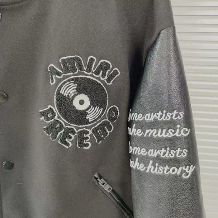 Amiri 1:1 quality version Wool Leather Sleeve Polka Dot Trim Vinyl Record Embroidery Varsity Jacket 29510200