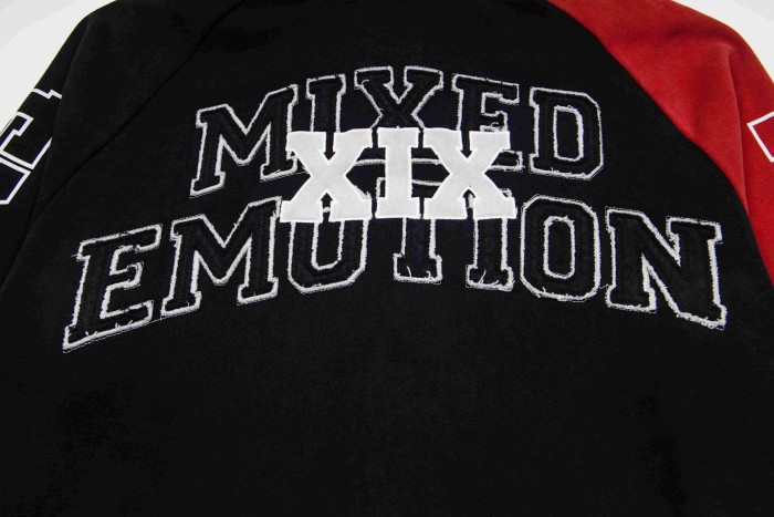 Mixed Emotion Color Block Overlay Embroidery Letter Distressed Washed Zip Up Hoodie 2 colors 29509515