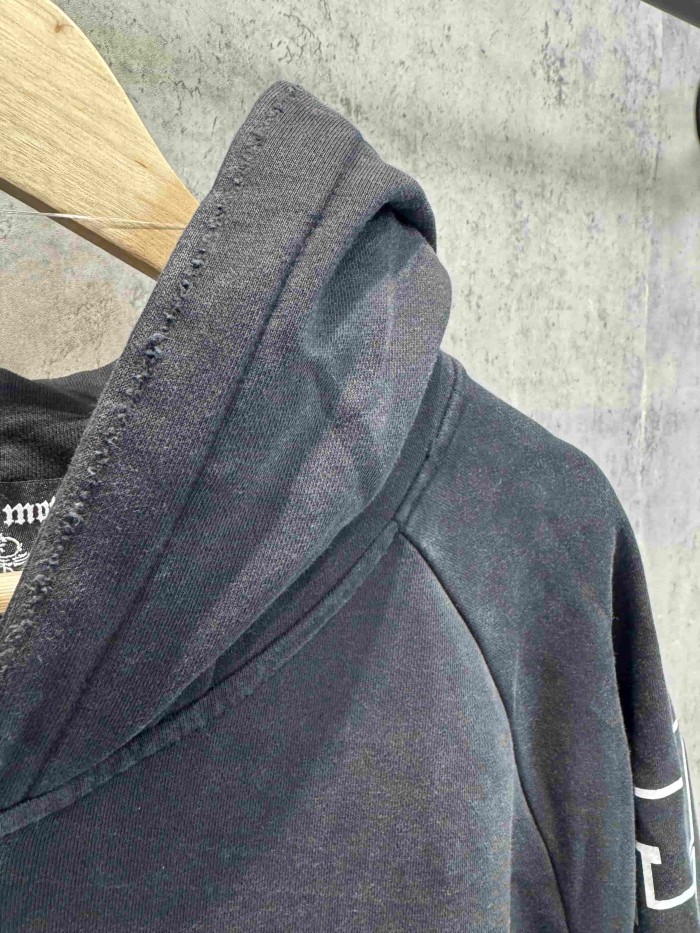 Mixed Emotion Color Block Overlay Embroidery Letter Distressed Washed Zip Up Hoodie 2 colors 29509515