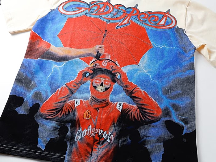 Godspeed Washed Distressed Skeleton Racer Red Umbrella Thunderstorm T-Shirt 2 colors 29509342