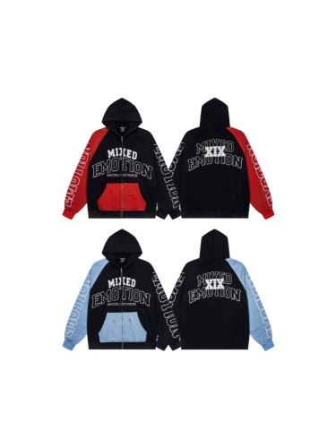 Mixed Emotion Color Block Overlay Embroidery Letter Distressed Washed Zip Up Hoodie 2 colors 29509515