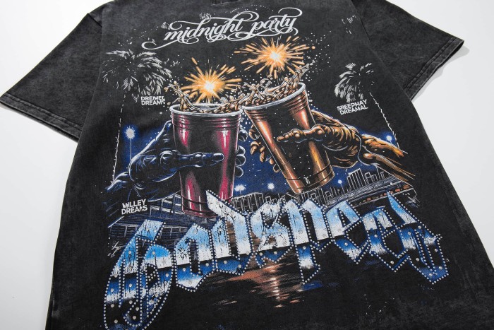 Godspeed Washed Distressed Skeleton Racer Toasting Fireworks Print Rhinestone Letter T-Shirt 29509321