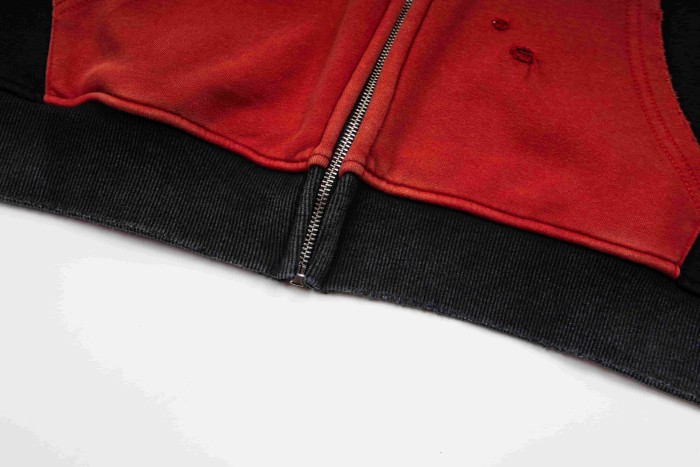 Mixed Emotion Color Block Overlay Embroidery Letter Distressed Washed Zip Up Hoodie 2 colors 29509515