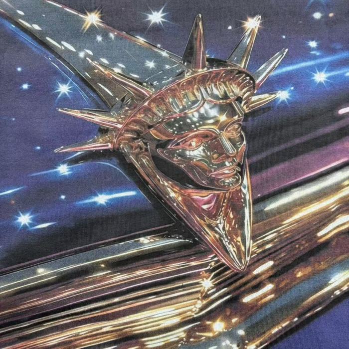 Godspeed Statue Of Liberty Starry Sky Metal Speed Line Print Metallic Gothic Letter T-Shirt 29509326