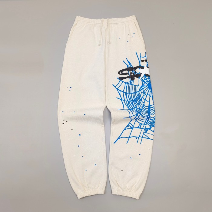 Sp5der [Big & Tall for weights up to 220 lbs]1:1 quality version Blue Spiderweb Hood Beige Hoodie & Pants Set 29510829