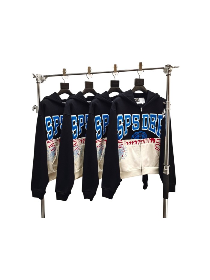 Sp5der [Big & Tall for weights up to 220 lbs]1:1 quality version Letter Badge Split Color Block Zip Up Hoodie 29510772