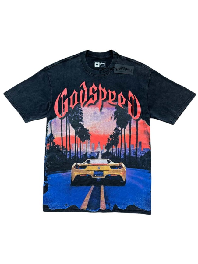 [50% Off]Godspeed Luxury Car Sunset Street Scene Printed Washed Version Tee 2 colors 28326463