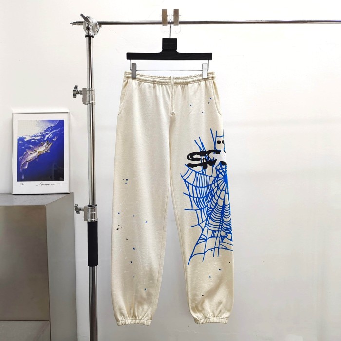 Sp5der [Big & Tall for weights up to 220 lbs]1:1 quality version Blue Spiderweb Hood Beige Hoodie & Pants Set 29510829