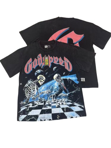 [50% Off]Godspeed Skeletons Playing Chess Against the Game Printed Washed Version Tee 28302660