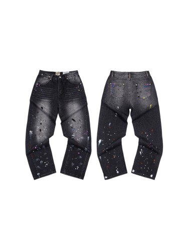 GaIIery Dept. Paint Splatter Brush Stroke Washed Spray Print Slim Denim Jeans 29510769