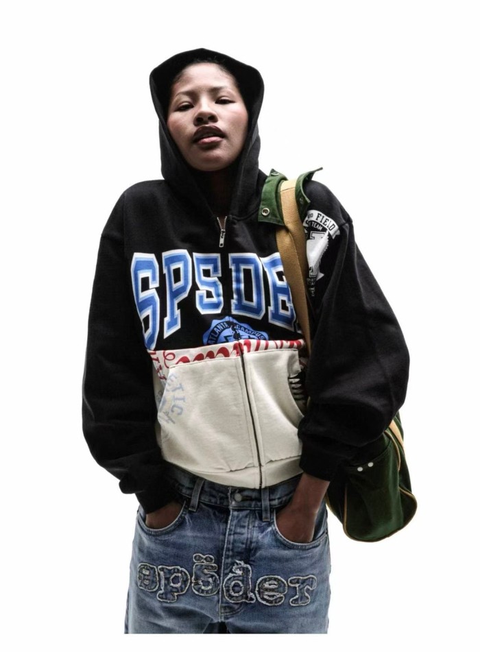 Sp5der [Big & Tall for weights up to 220 lbs]1:1 quality version Letter Badge Split Color Block Zip Up Hoodie 29510772