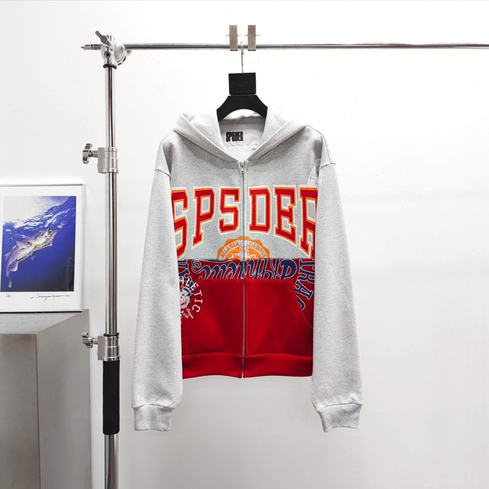 Sp5der [Big & Tall for weights up to 220 lbs]1:1 quality version Letter Badge Grey Red Color Block Zip Up Hoodie 29510775