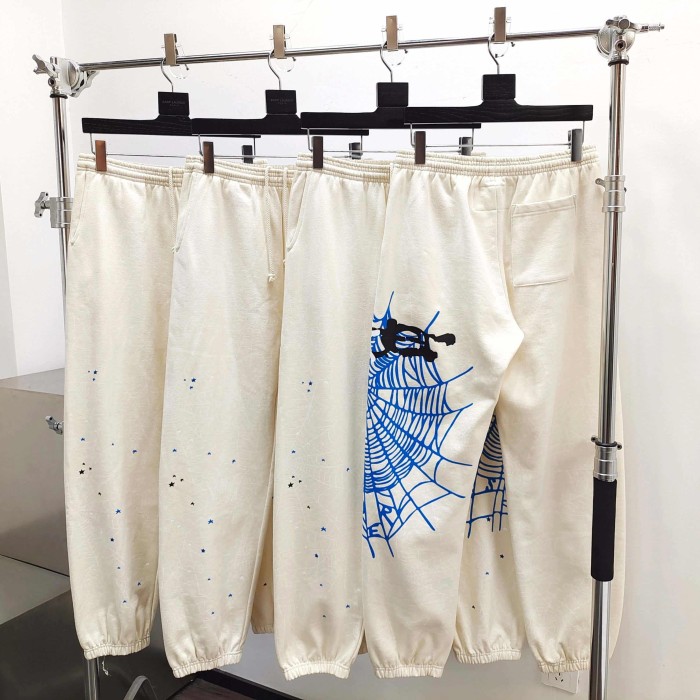 Sp5der [Big & Tall for weights up to 220 lbs]1:1 quality version Blue Spiderweb Hood Beige Hoodie & Pants Set 29510829