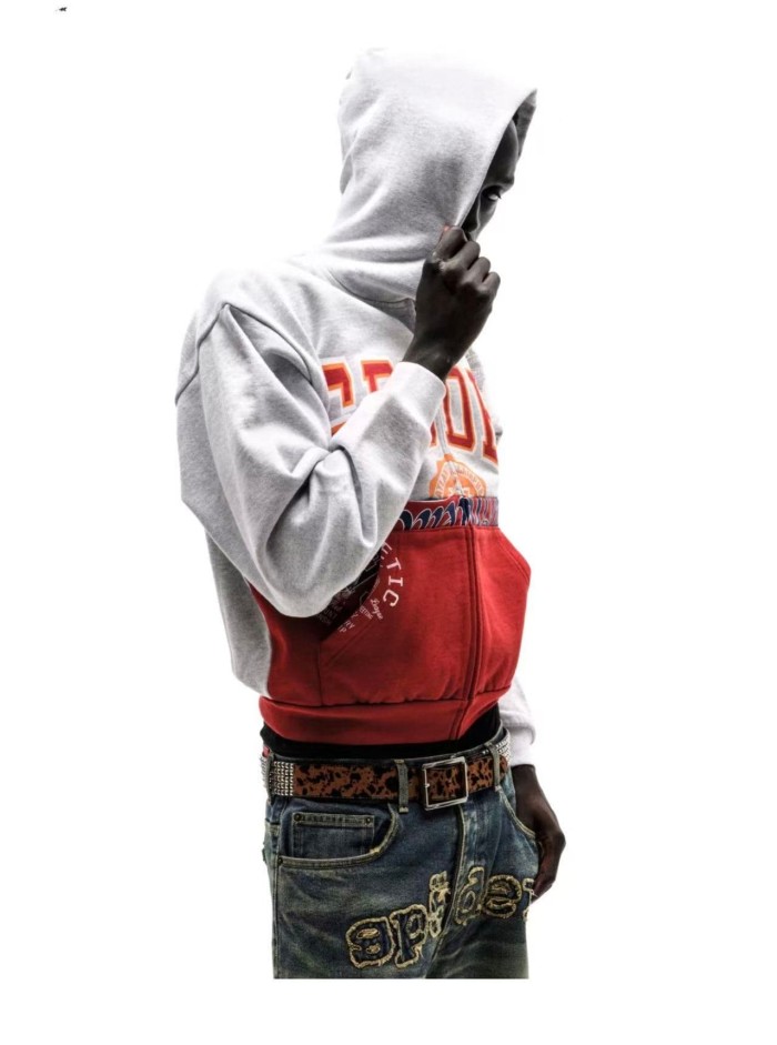 Sp5der [Big & Tall for weights up to 220 lbs]1:1 quality version Letter Badge Grey Red Color Block Zip Up Hoodie 29510775