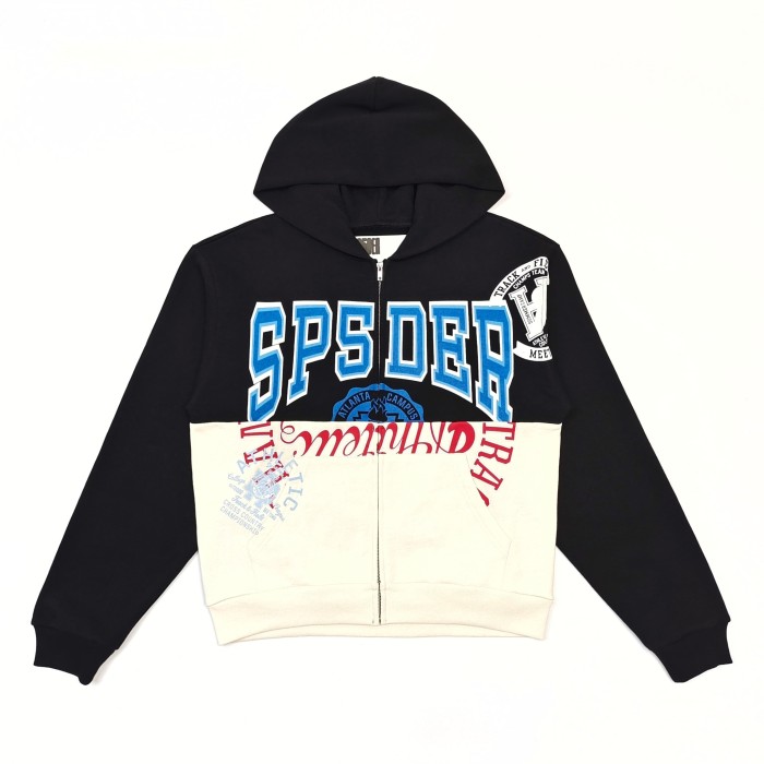 Sp5der [Big & Tall for weights up to 220 lbs]1:1 quality version Letter Badge Split Color Block Zip Up Hoodie 29510772