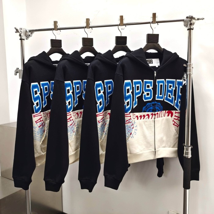 Sp5der [Big & Tall for weights up to 220 lbs]1:1 quality version Letter Badge Split Color Block Zip Up Hoodie 29510772