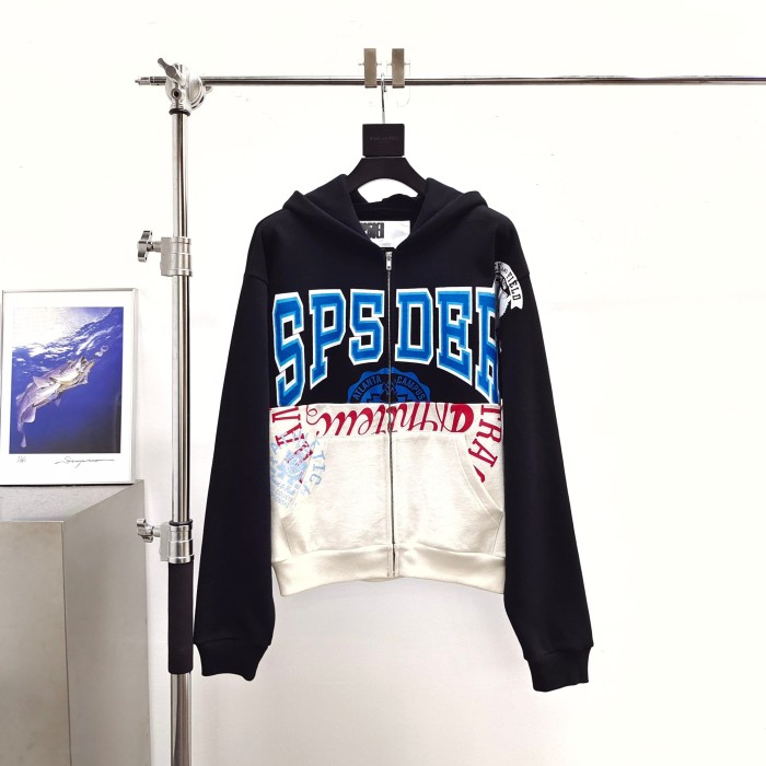 Sp5der [Big & Tall for weights up to 220 lbs]1:1 quality version Letter Badge Split Color Block Zip Up Hoodie 29510772