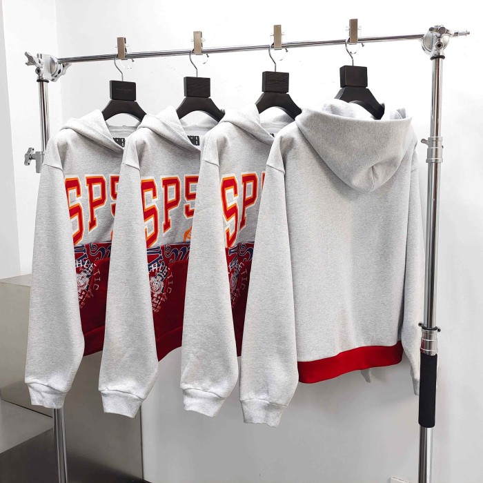 Sp5der [Big & Tall for weights up to 220 lbs]1:1 quality version Letter Badge Grey Red Color Block Zip Up Hoodie 29510775