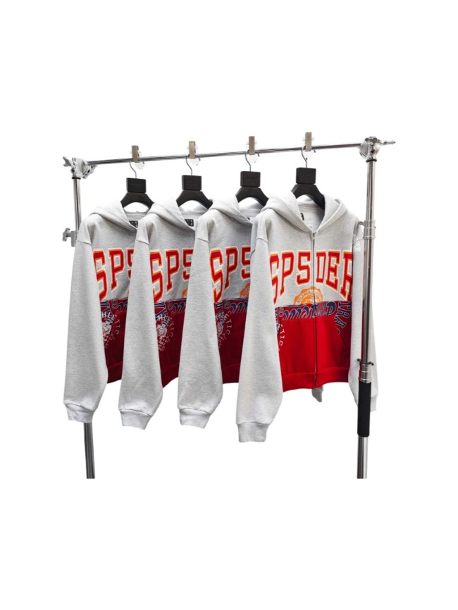 Sp5der [Big & Tall for weights up to 220 lbs]1:1 quality version Letter Badge Grey Red Color Block Zip Up Hoodie 29510775