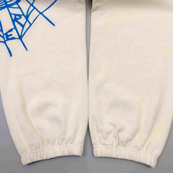 Sp5der [Big & Tall for weights up to 220 lbs]1:1 quality version Blue Spiderweb Hood Beige Hoodie & Pants Set 29510829