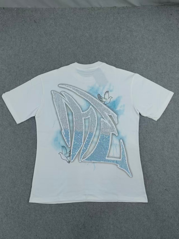 Mixed Emotion Blue and White Rhinestone Angel and Peace Dove Print Tee 28592925