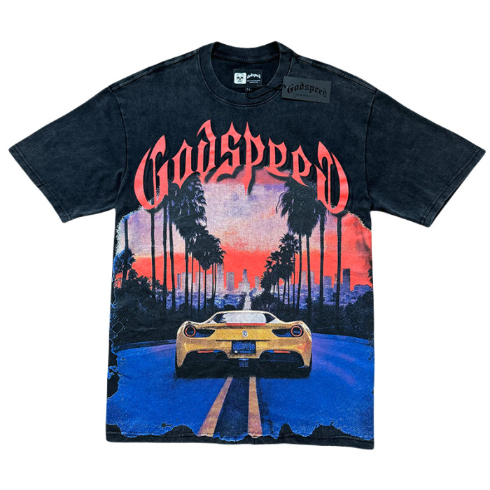 [50% Off]Godspeed Luxury Car Sunset Street Scene Printed Washed Version Tee 2 colors 28326463