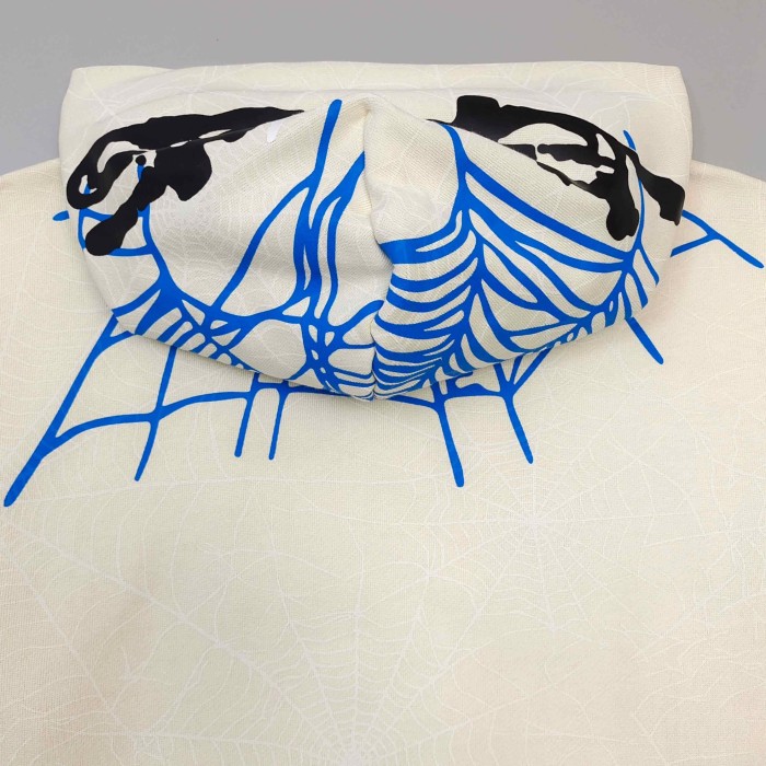 Sp5der [Big & Tall for weights up to 220 lbs]1:1 quality version Blue Spiderweb Hood Beige Hoodie & Pants Set 29510829