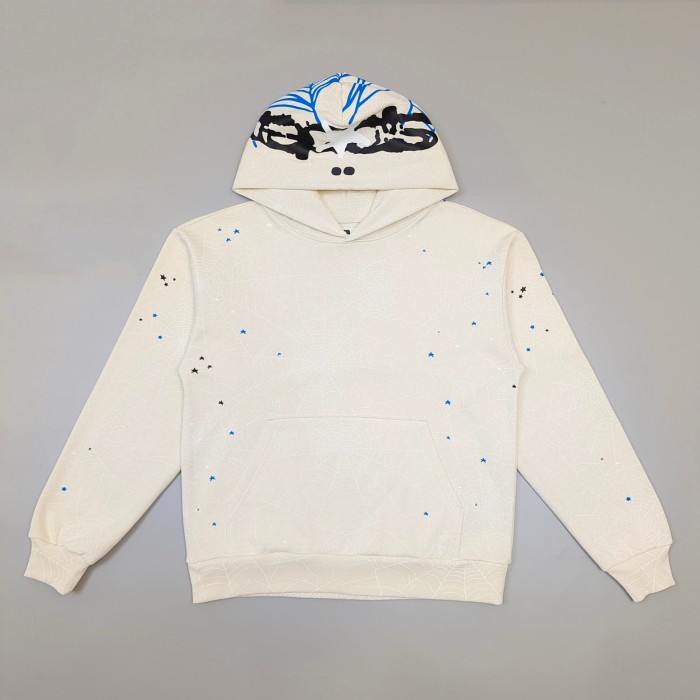 Sp5der [Big & Tall for weights up to 220 lbs]1:1 quality version Blue Spiderweb Hood Beige Hoodie & Pants Set 29510829