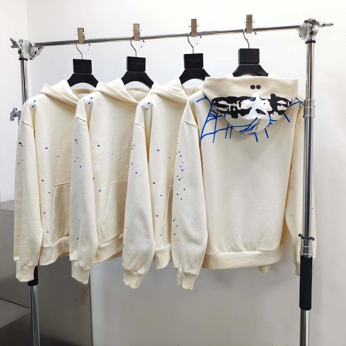 Sp5der [Big & Tall for weights up to 220 lbs]1:1 quality version Blue Spiderweb Hood Beige Hoodie & Pants Set 29510829