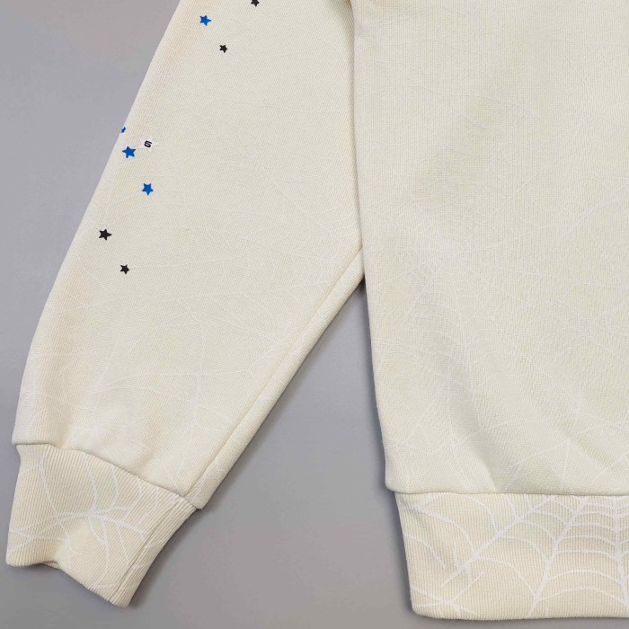 Sp5der [Big & Tall for weights up to 220 lbs]1:1 quality version Blue Spiderweb Hood Beige Hoodie & Pants Set 29510829