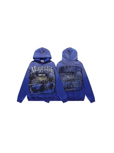 Majestik Washed Rhinestone Gothic Letter Skeleton Sports Car Street Scene Print Hoodie 29520117
