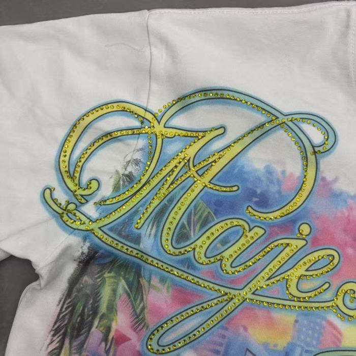 Majestik Rhinestone Cursive Letter Yacht Miami Sunset Palm Print Tee 29520295