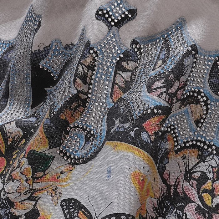 Majestik Washed Rhinestone Gothic Letter Floral Skull Butterfly Print Double Sleeve Flame Hoodie 29520128