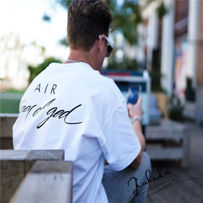 Fear Of God (Essentials) Nike Air Collab Black Back Air Script Letter Sleeve Patch Oversized Tee 2 colors 29520352