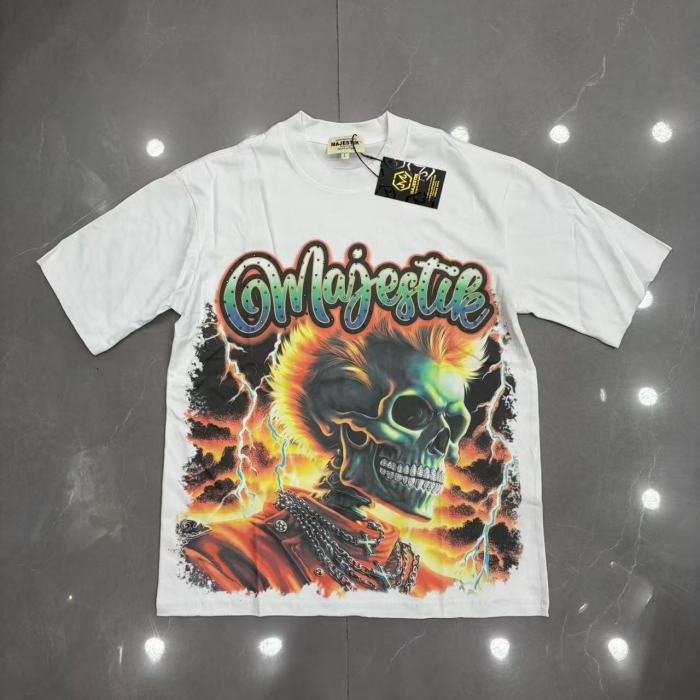Majestik Rhinestone Cursive Letter Flame Skull Lightning Sunset Print Tee 29520293