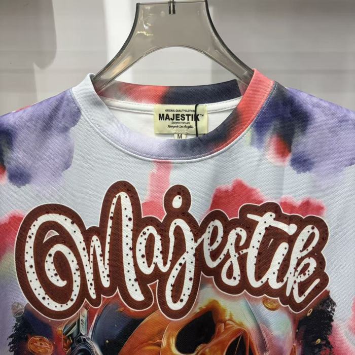Majestik Watercolor Tie Dye All Over Print Rhinestone Cursive Letter Headphone Skull Gold Coin Tee 29520263
