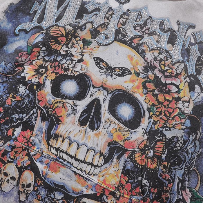 Majestik Washed Rhinestone Gothic Letter Floral Skull Butterfly Print Double Sleeve Flame Hoodie 29520128