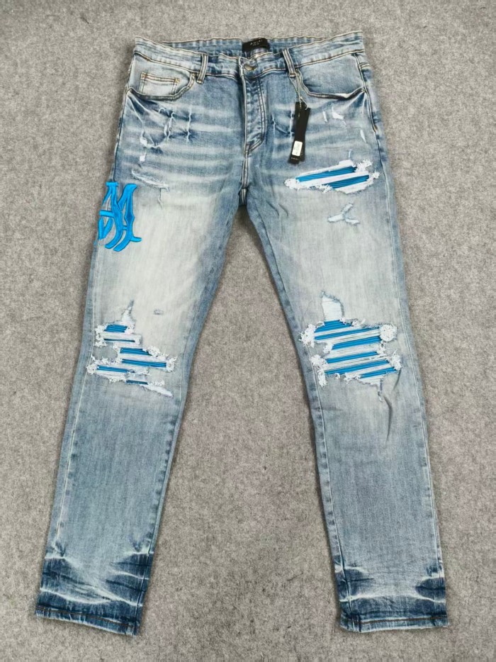 Amiri 1:1 quality version Blue 3D Paw Embroidery Ripped Jeans 29080647