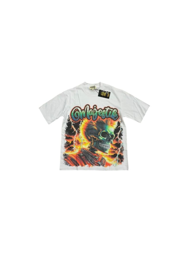 Majestik Rhinestone Cursive Letter Flame Skull Lightning Sunset Print Tee 29520293