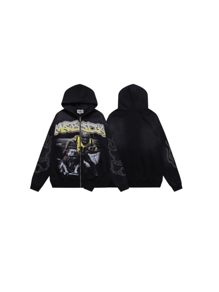 Majestik Rhinestone Graffiti Letter Football Bulldog Double Sleeve Rhinestone Snake Full Zip Hoodie 29520198