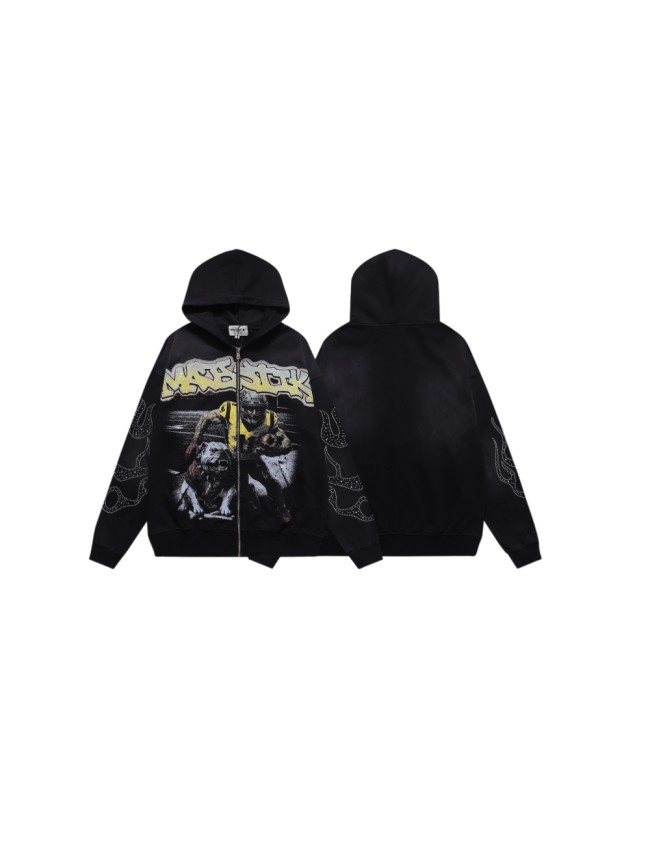 Majestik Rhinestone Graffiti Letter Football Bulldog Double Sleeve Rhinestone Snake Full Zip Hoodie 29520198