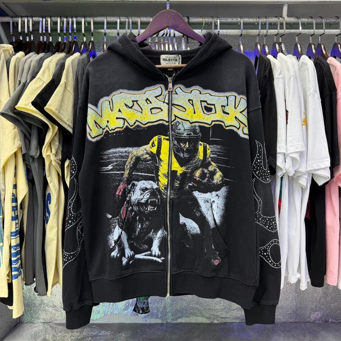 Majestik Rhinestone Graffiti Letter Football Bulldog Double Sleeve Rhinestone Snake Full Zip Hoodie 29520198
