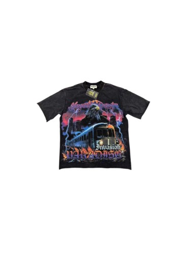 Majestik Rhinestone Graffiti Letter Eagle Train Flame City Lightning Print Tee 29520266