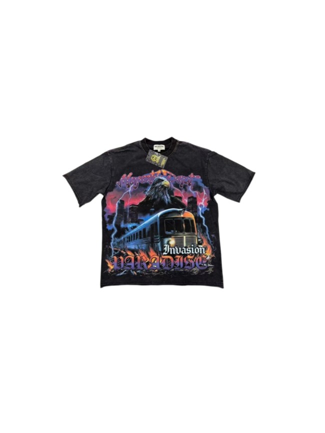 Majestik Rhinestone Graffiti Letter Eagle Train Flame City Lightning Print Tee 29520266