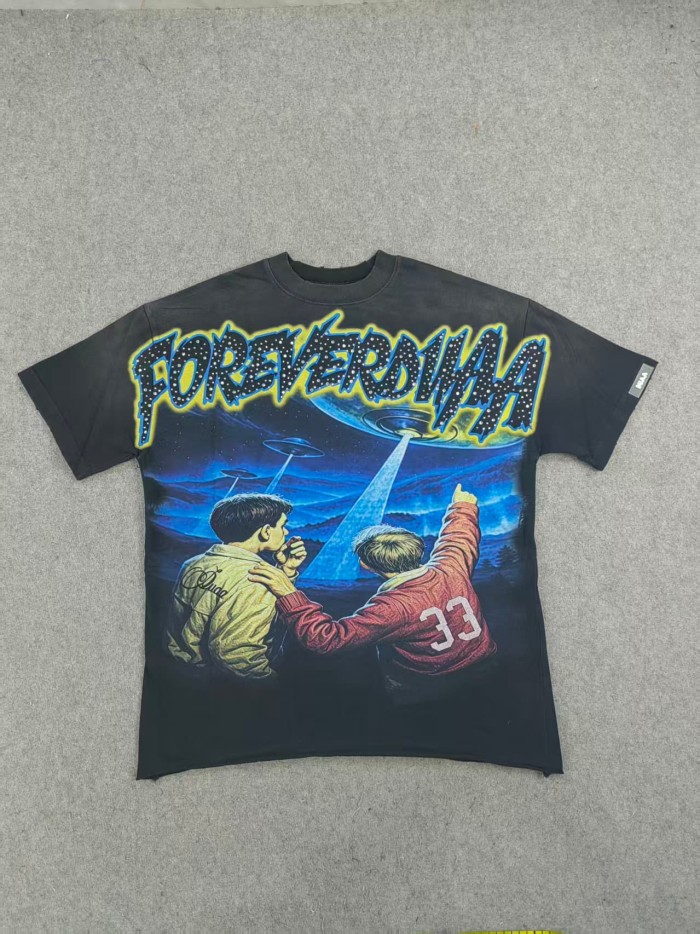 Duaa Boy Looking Up At UFO Rhinestone Print Washed Tee 29053849